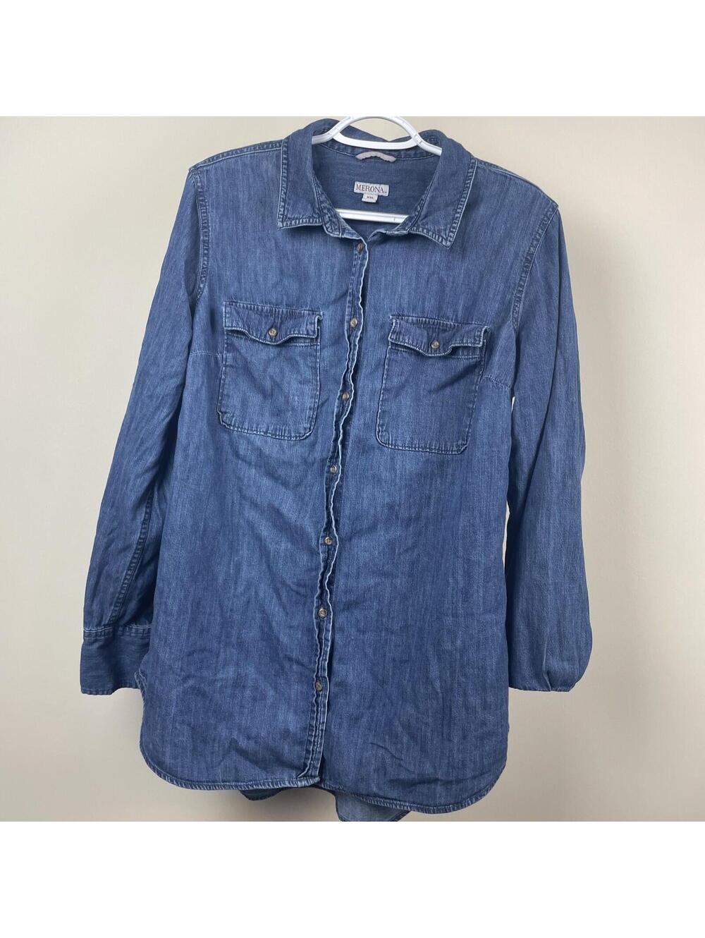 Merona Shirt Womens Size XXLarge Blue Denim Chambray Long Sleeve Button Up
